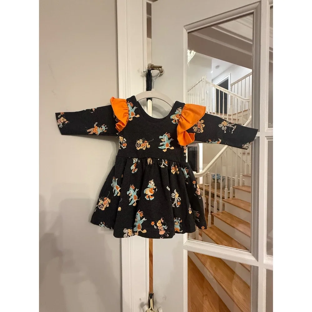 Disney x Monica + Andy Halloween Mickey Minnie Ruffle Dress 0-6M Charcoal Orange
